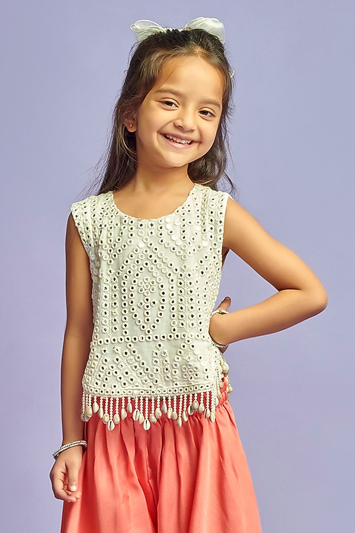 Peach & White Nysa Silk Palazzo Pant Set For Girls by Nino By Vani Mehta at Pernia's Pop Up Shop