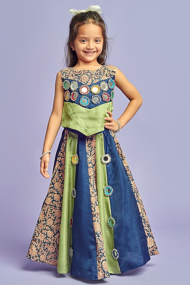 Blue & Green Nysa Silk Mirror Hand Embroidered Lehenga Set For Girls by Nino By Vani Mehta at Pernia's Pop Up Shop