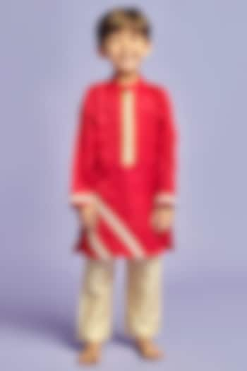 Red Nysa Silk & Cotton Silk Embroidered Kurta Set For Boys by Nino By Vani Mehta