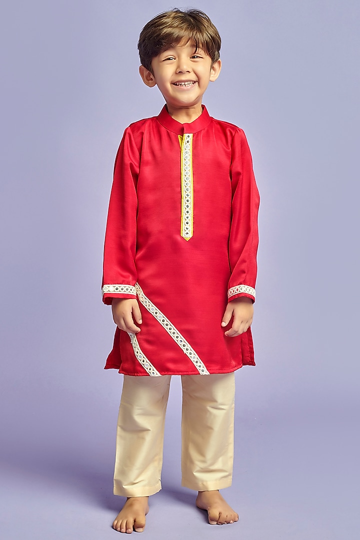 Red Nysa Silk & Cotton Silk Embroidered Kurta Set For Boys by Nino By Vani Mehta