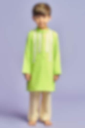 Green Cotton & Cotton Silk Embroidered Kurta Set For Boys by Nino By Vani Mehta