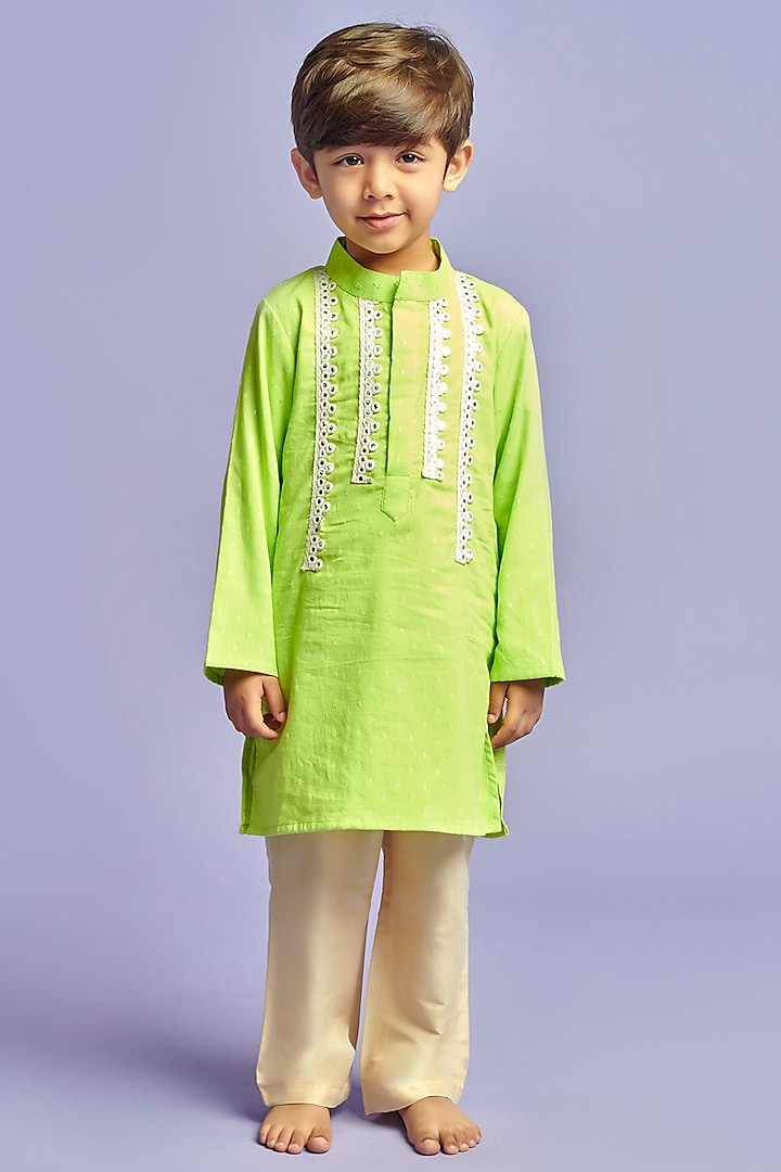 Green Cotton & Cotton Silk Embroidered Kurta Set For Boys by Nino By Vani Mehta