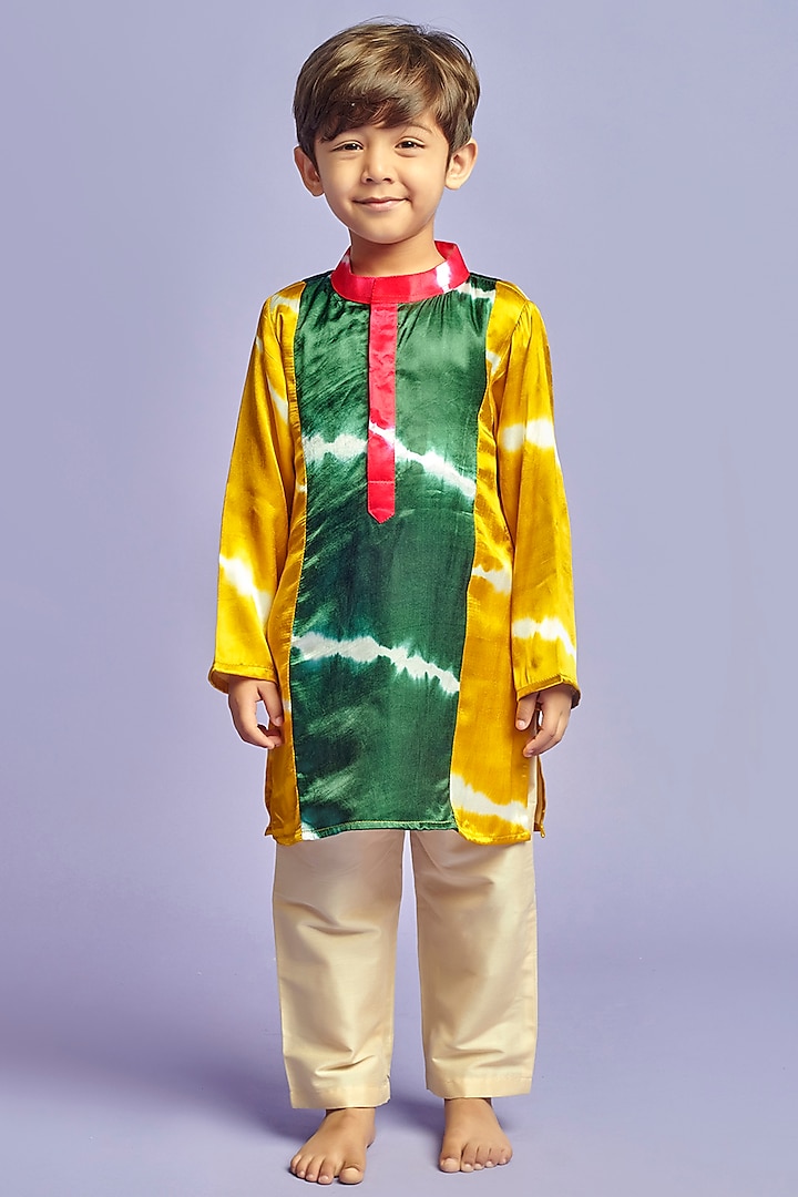 Multi-Colored Nysa Silk & Cotton Silk Leheriya Printed Kurta Set For Boys by Nino By Vani Mehta