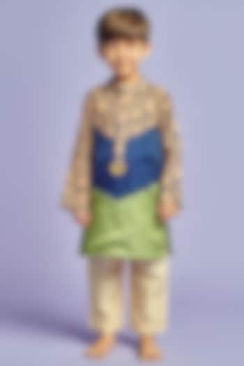 Green & Blue Nysa Silk & Cotton Silk Embroidered Kurta Set For Boys by Nino By Vani Mehta