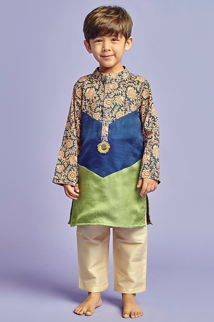 Green & Blue Nysa Silk & Cotton Silk Embroidered Kurta Set For Boys by Nino By Vani Mehta