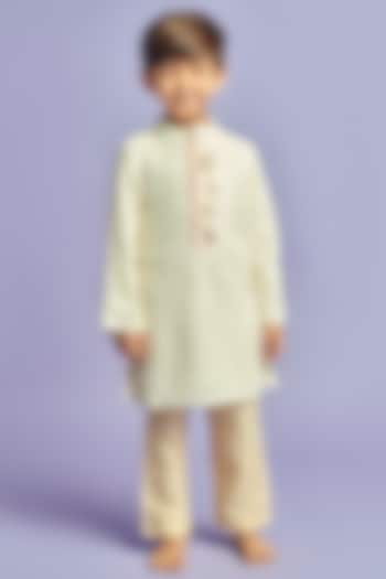 White & Golden Chanderi Self Embroidered Kurta Set For Boys by Nino By Vani Mehta at Pernia's Pop Up Shop