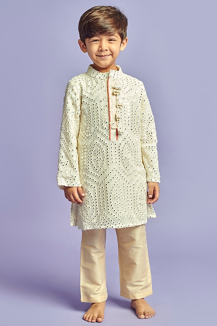 White & Golden Chanderi Self Embroidered Kurta Set For Boys by Nino By Vani Mehta at Pernia's Pop Up Shop