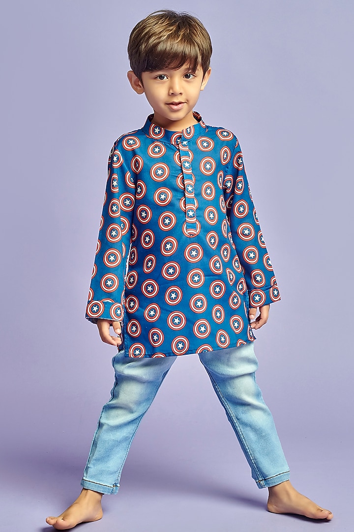 Blue Cotton Printed Kurta Shirt For Boys by Nino By Vani Mehta