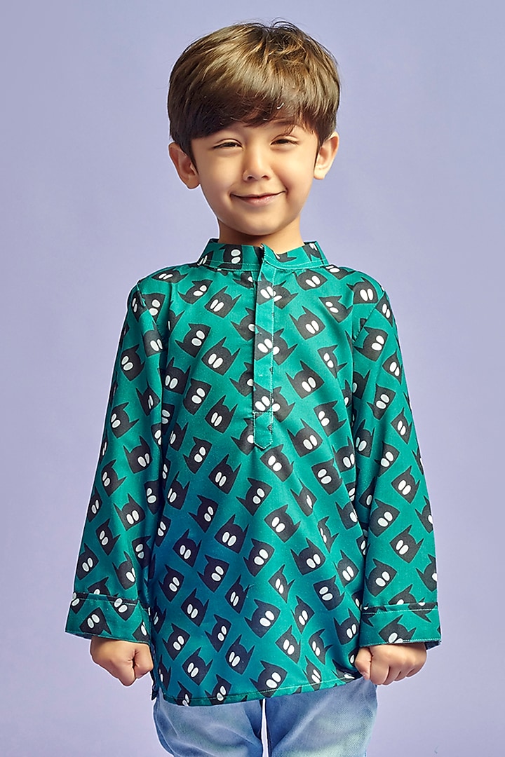 Green Cotton Printed Kurta Shirt For Boys by Nino By Vani Mehta