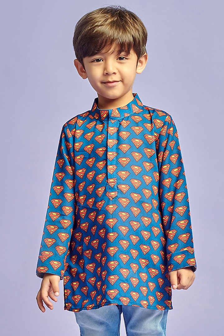 Blue Cotton Printed Kurta Shirt For Boys by Nino By Vani Mehta