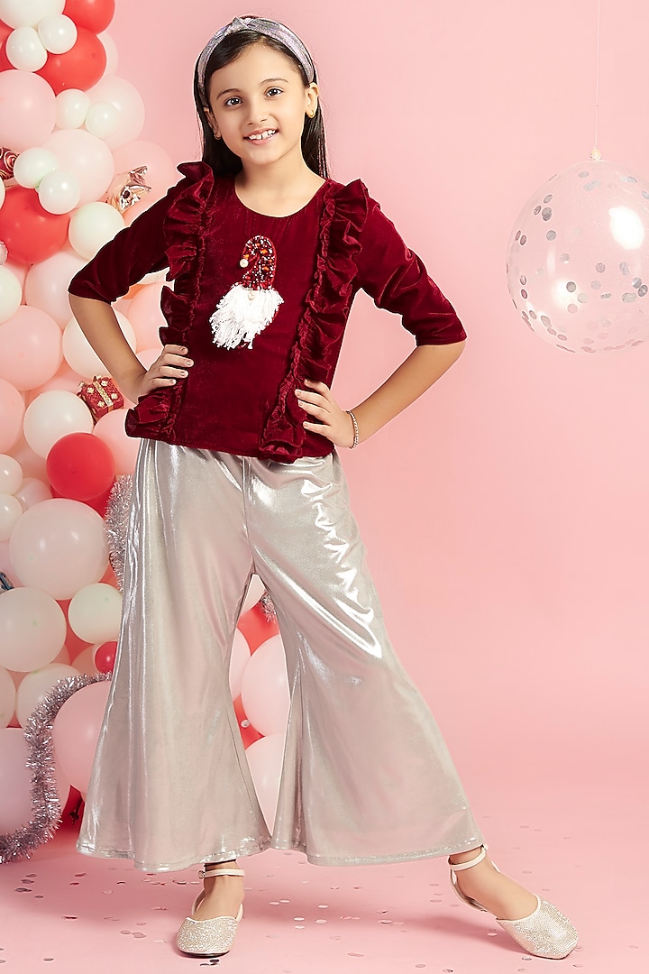 Silver Crepe Pant Set For Girls by Nino By Vani Mehta