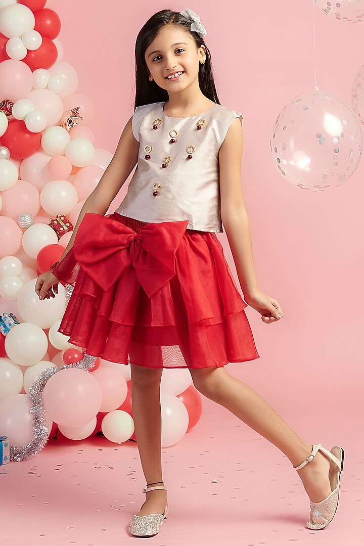 Red Organza Skirt Set For Girls by Nino By Vani Mehta