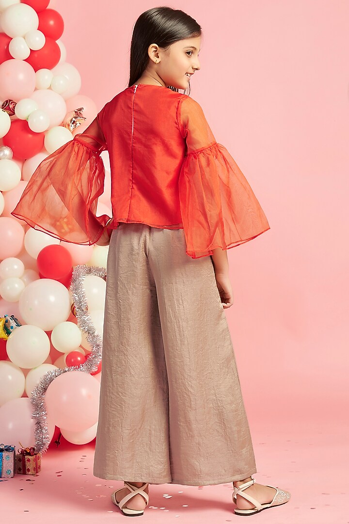 Copper Silk Flared Pant Set For Girls by Nino By Vani Mehta at Pernia's Pop Up Shop