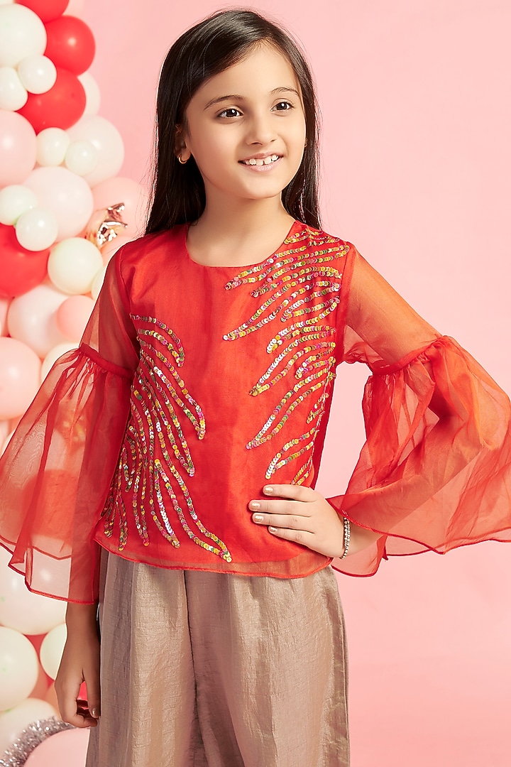 Copper Silk Flared Pant Set For Girls by Nino By Vani Mehta at Pernia's Pop Up Shop