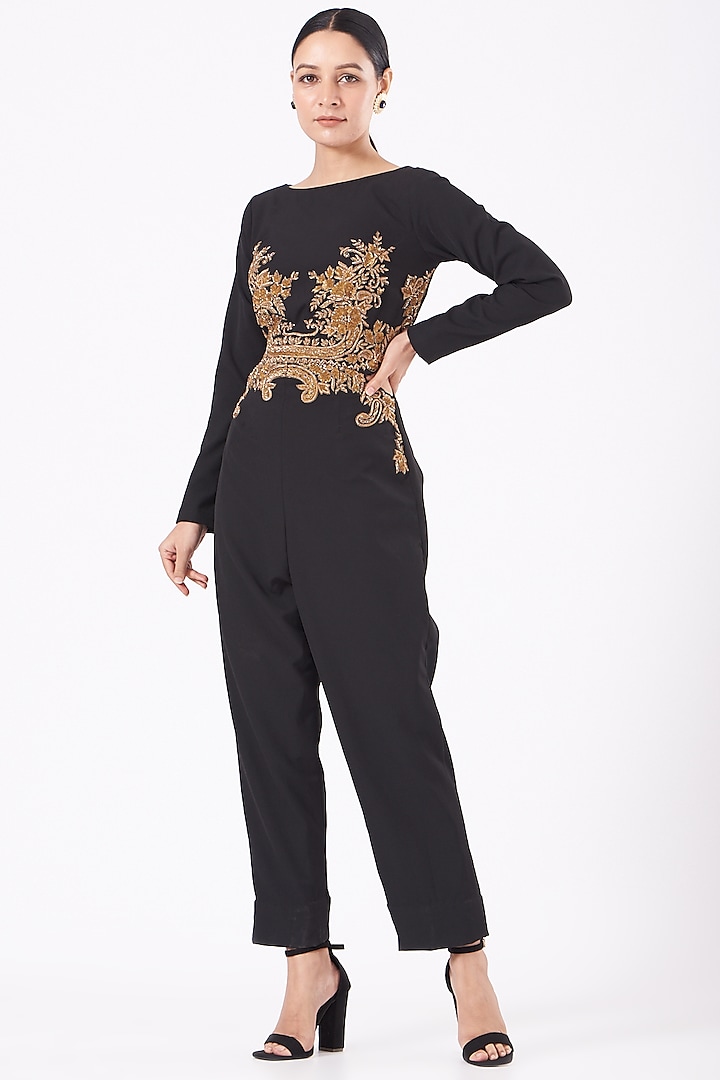 Black Hand Embroidered Jumpsuit by NOW WITH PRACHI