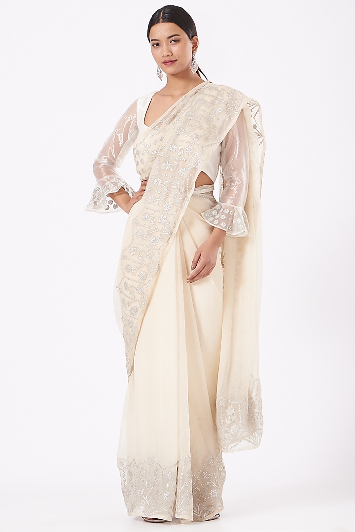 Ivory Applique Saree Set by NOW WITH PRACHI