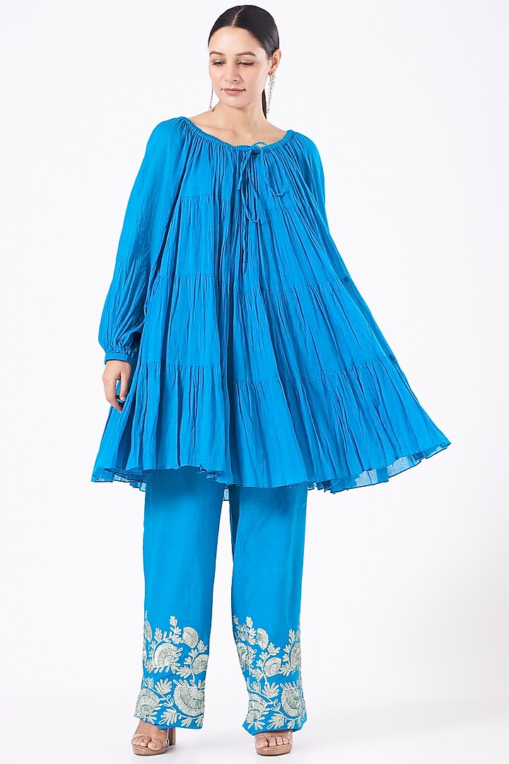 Blue Acrylic Dyed Tunic Set by NOW WITH PRACHI