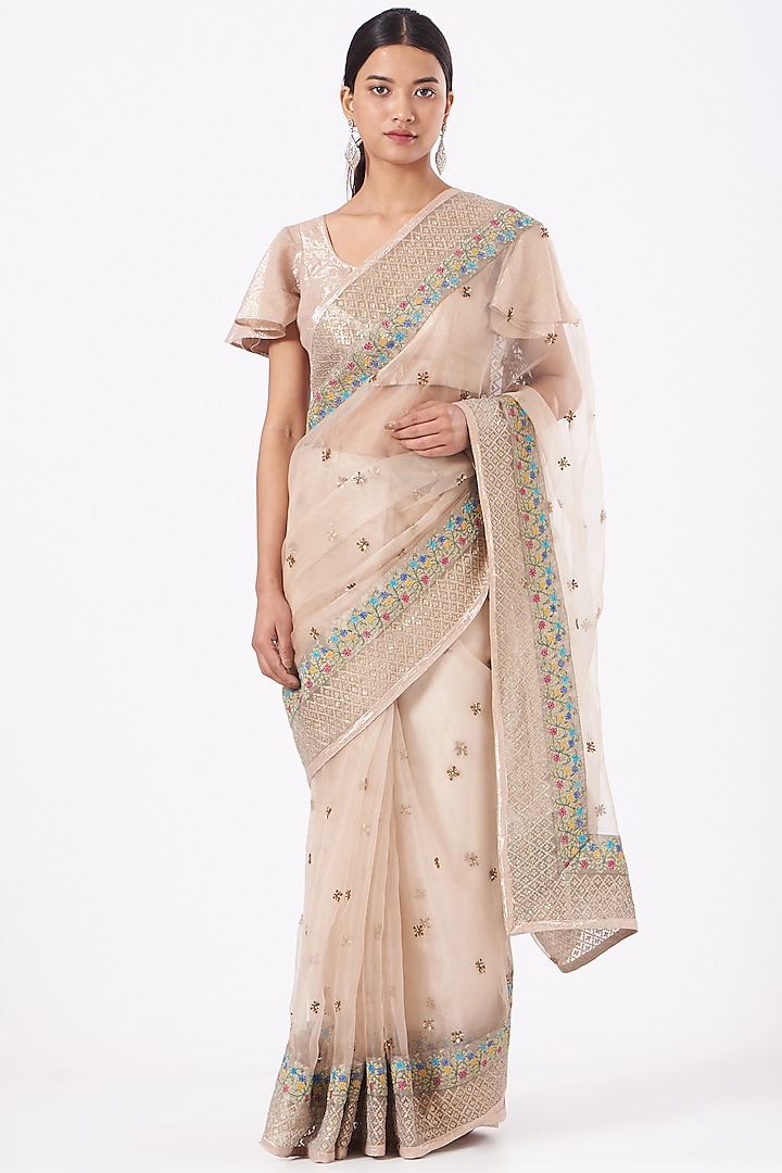Nude Embroidered Saree Set by NOW WITH PRACHI