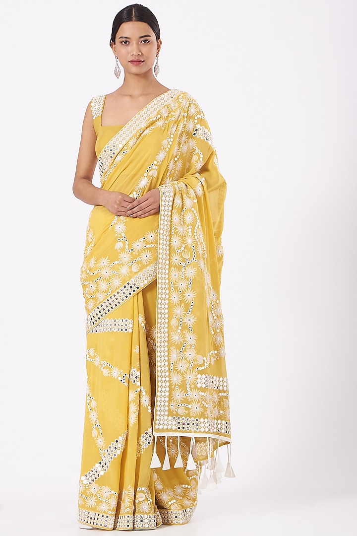Yellow Embroidered Saree Set by NOW WITH PRACHI
