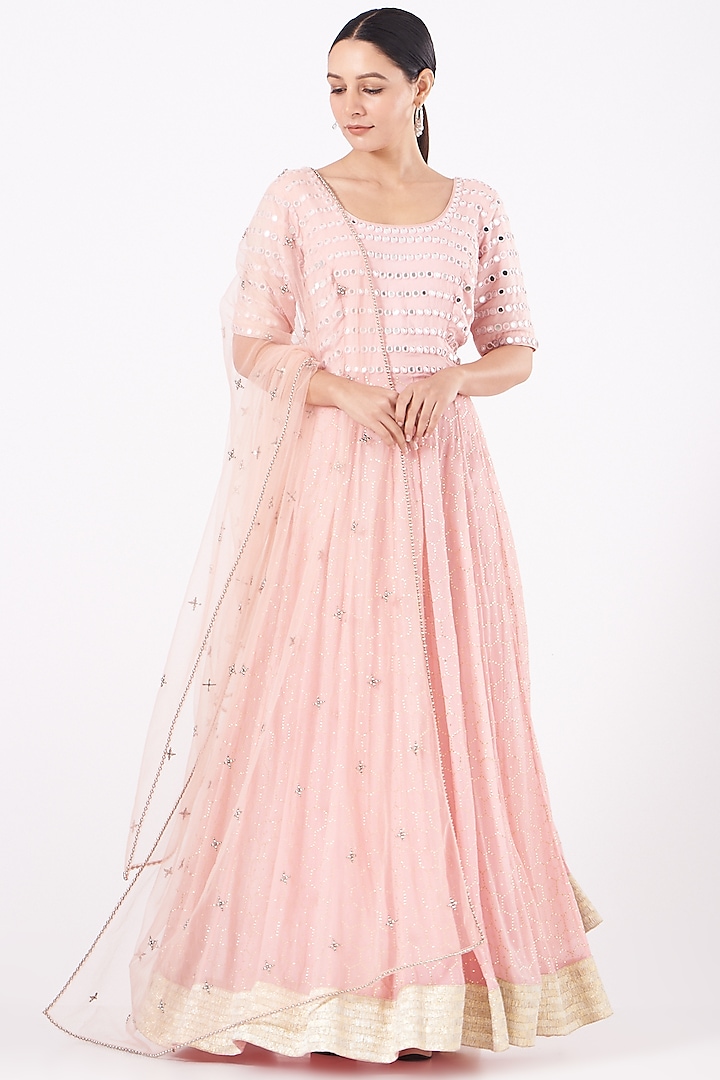 Pink Anarkali Set With Mirror Work by NOW WITH PRACHI