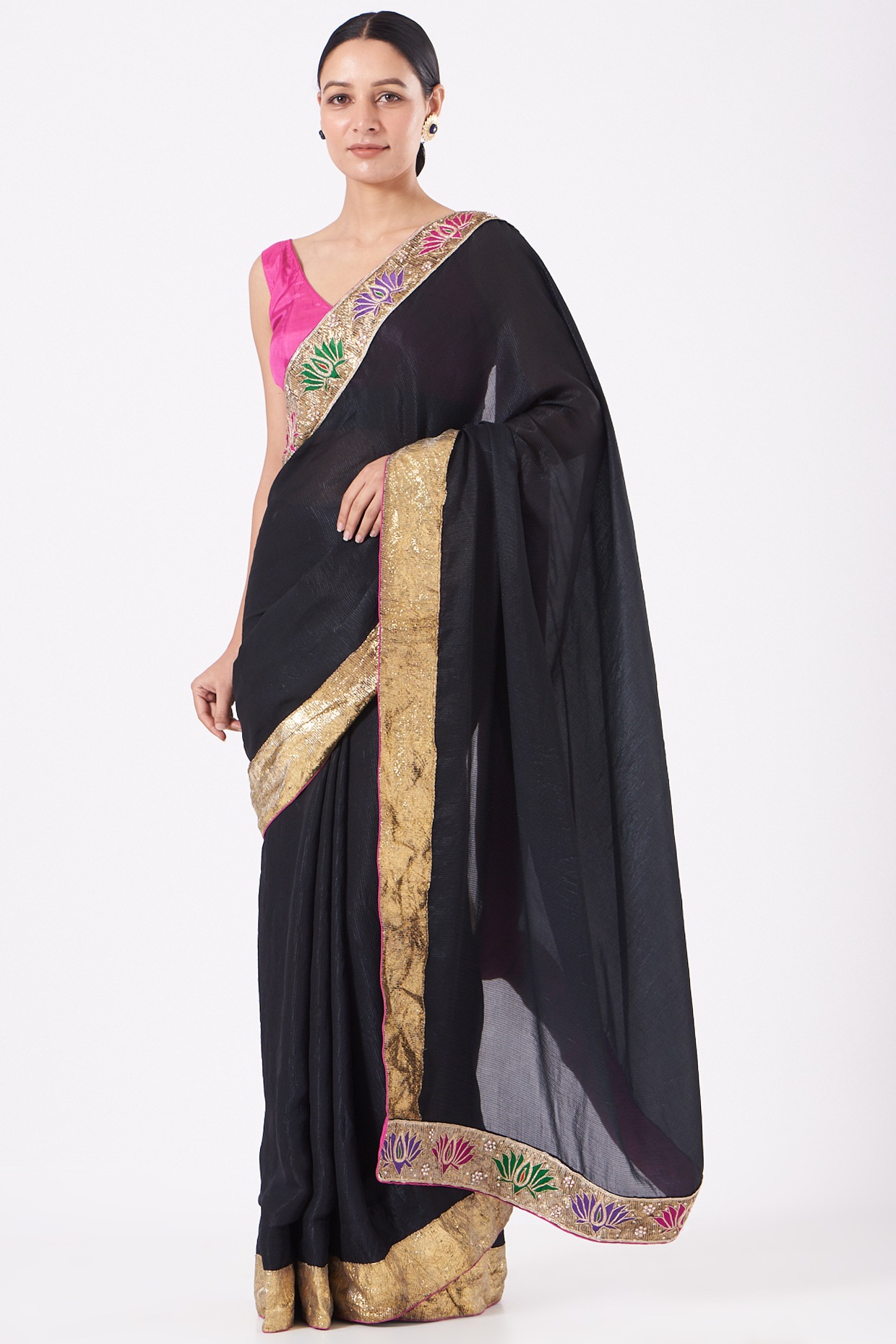 Banarasi Black Solid Work Wear Saree - www.indethnic.com