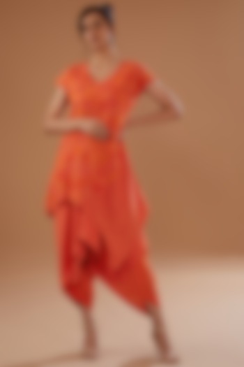 Orange Linen Draped Dhoti Set by NOW WITH PRACHI at Pernia's Pop Up Shop