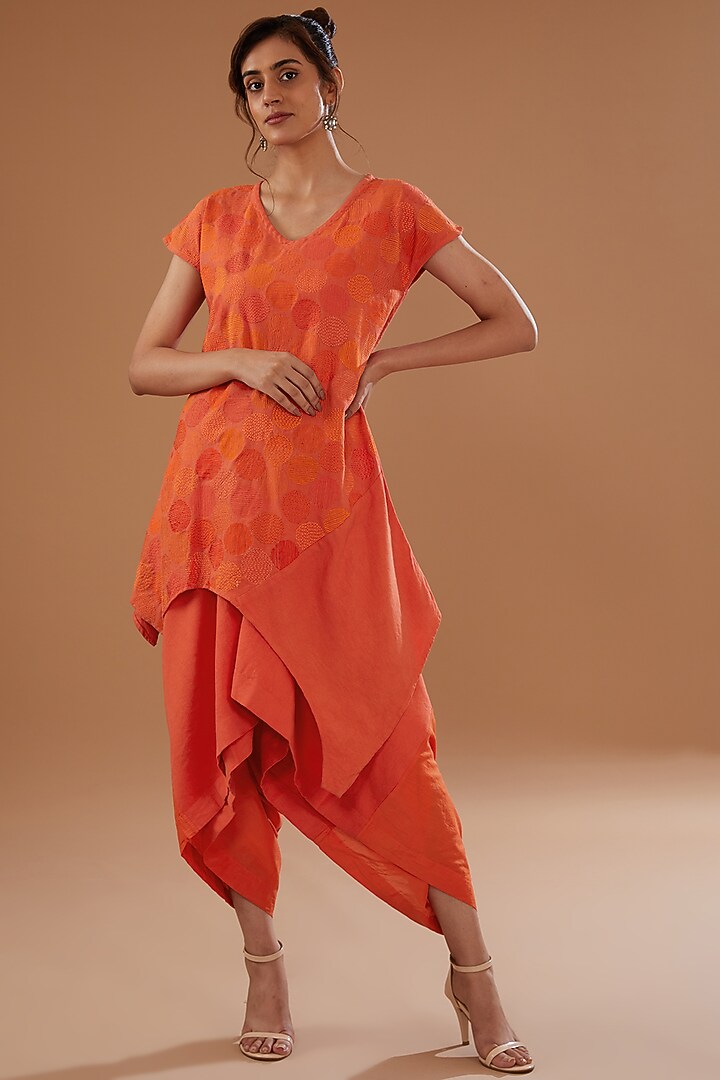 Orange Linen Draped Dhoti Set by NOW WITH PRACHI at Pernia's Pop Up Shop