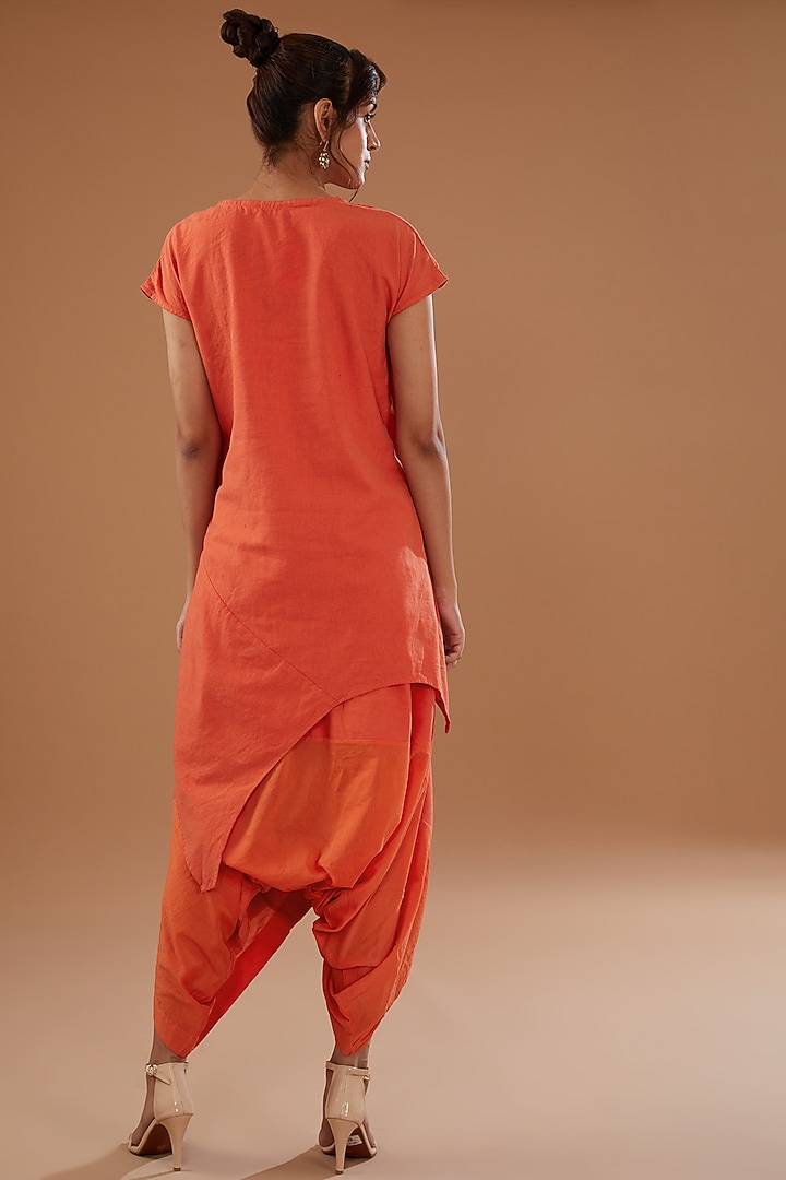 Orange Linen Draped Dhoti Set by NOW WITH PRACHI at Pernia's Pop Up Shop