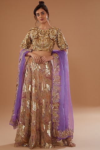 Brown Georgette Embroidered Skirt Set by NOW WITH PRACHI