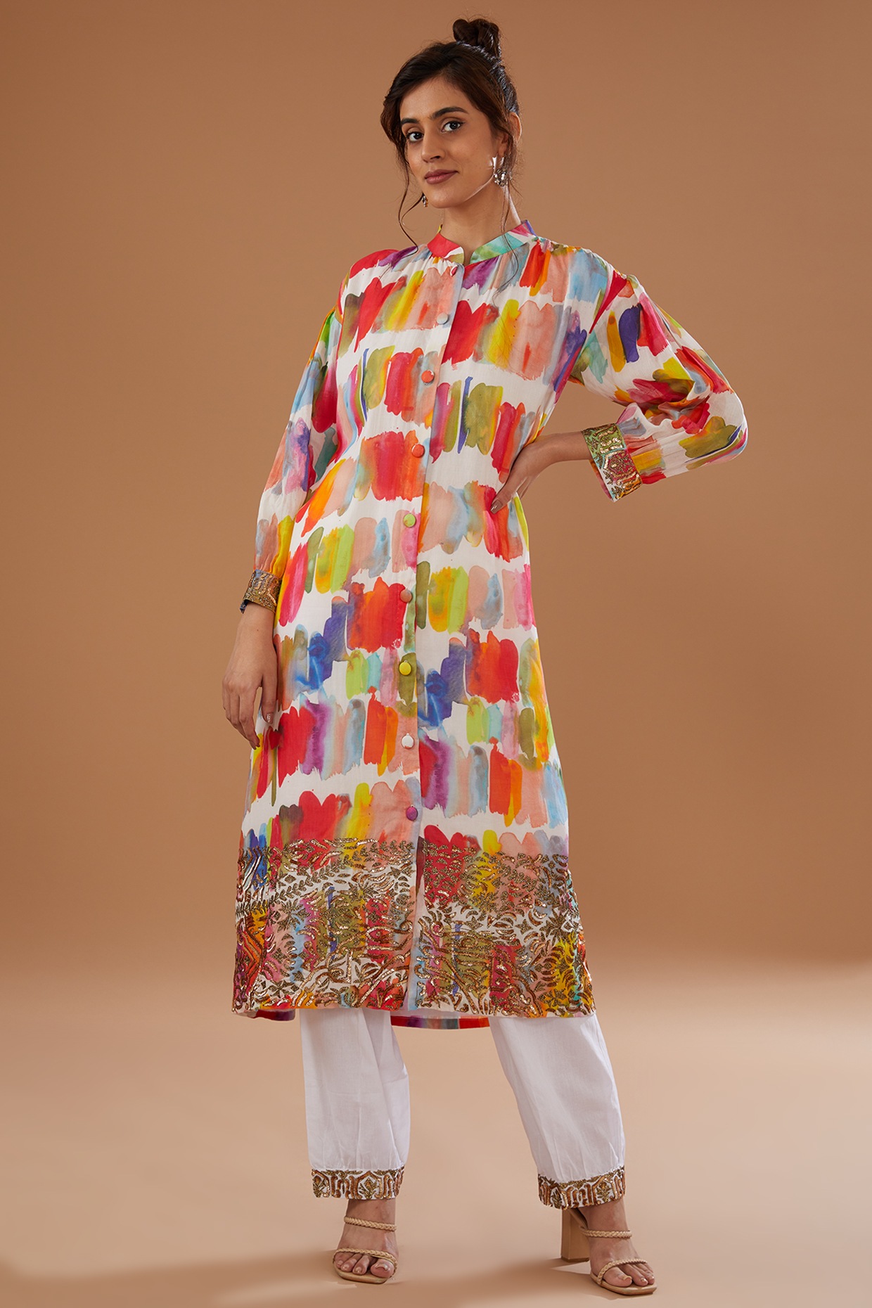 Multi-Colored Mulmul Printed & Embroidered Kurta Set by NOW WITH PRACHI at Pernia's Pop Up Shop