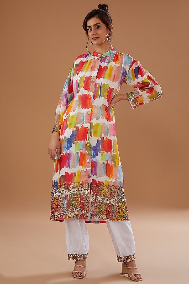 Multi-Colored Mulmul Printed & Embroidered Kurta Set by NOW WITH PRACHI at Pernia's Pop Up Shop