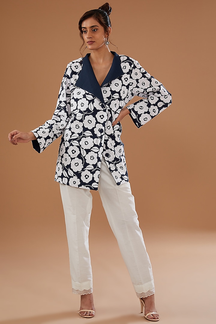 Navy Blue Cotton Printed Jacket by NOW WITH PRACHI at Pernia's Pop Up Shop