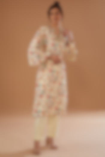 Cream Linen Floral Printed Kurta Set by NOW WITH PRACHI at Pernia's Pop Up Shop