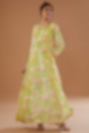 Green Georgette & Organza Printed Jacket Summer Dress by NOW WITH PRACHI at Pernia's Pop Up Shop