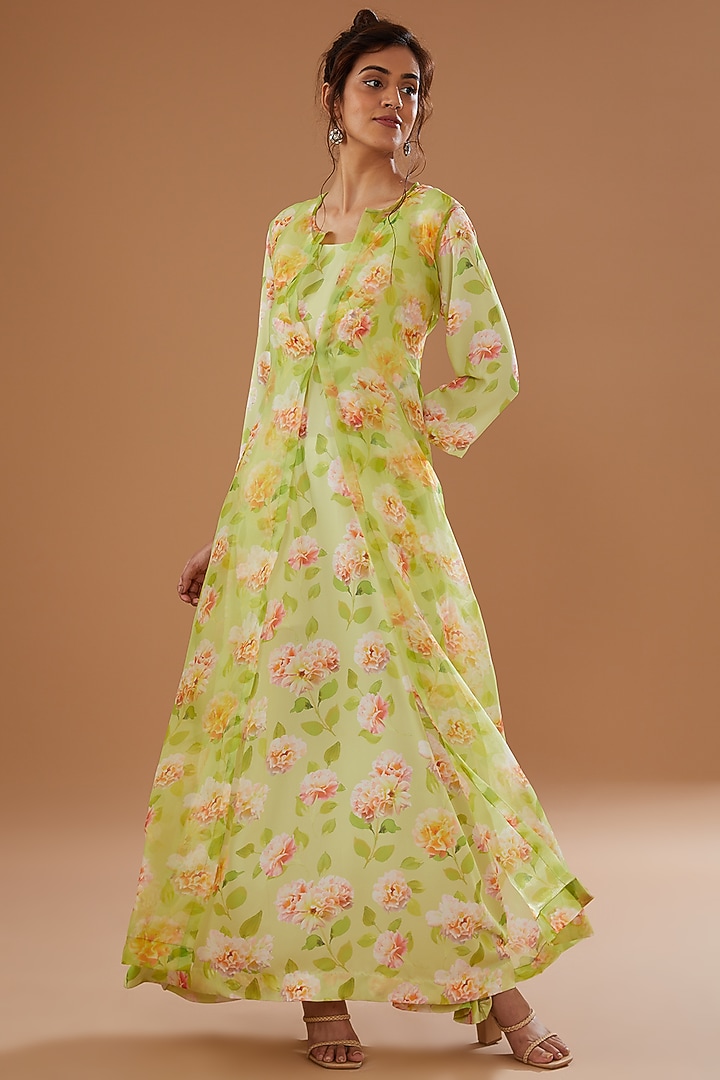 Green Georgette & Organza Printed Jacket Summer Dress by NOW WITH PRACHI at Pernia's Pop Up Shop