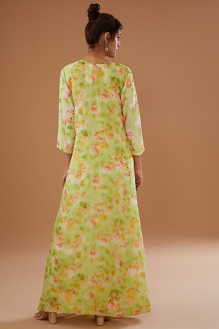 Green Georgette & Organza Printed Jacket Summer Dress by NOW WITH PRACHI at Pernia's Pop Up Shop