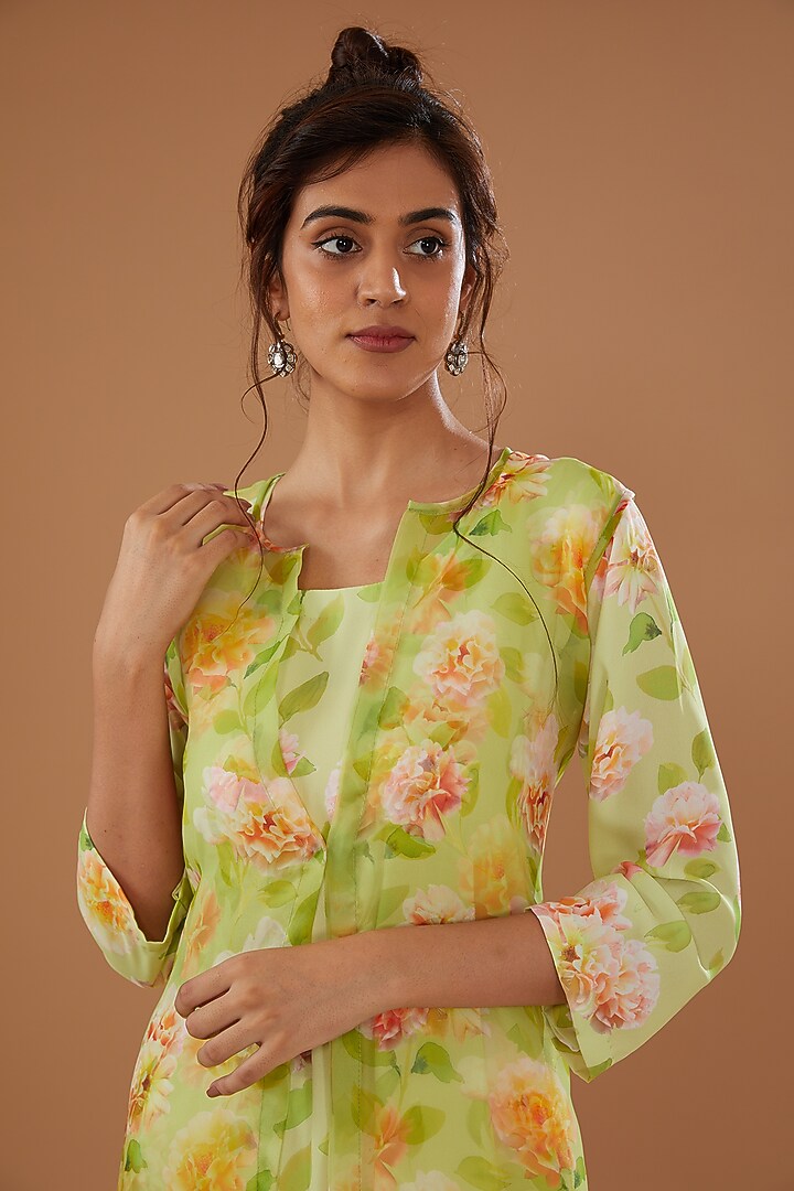 Green Georgette & Organza Printed Jacket Summer Dress by NOW WITH PRACHI at Pernia's Pop Up Shop