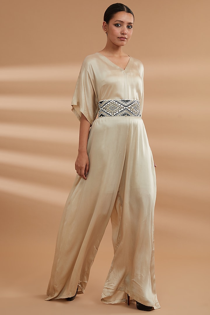 Beige Bemberg Satin Hand Embroidered Jumpsuit by NOW WITH PRACHI at Pernia's Pop Up Shop