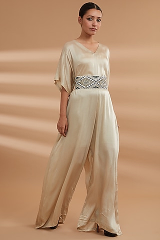 Beige Bemberg Satin Hand Embroidered Jumpsuit by NOW WITH PRACHI
