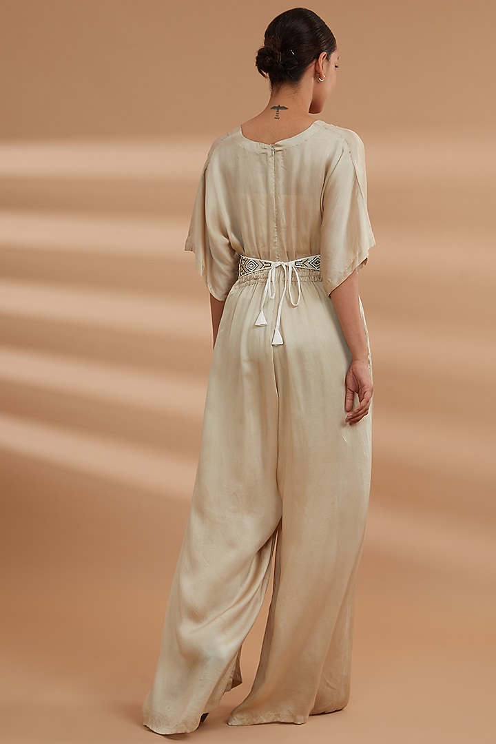 Beige Bemberg Satin Hand Embroidered Jumpsuit by NOW WITH PRACHI at Pernia's Pop Up Shop