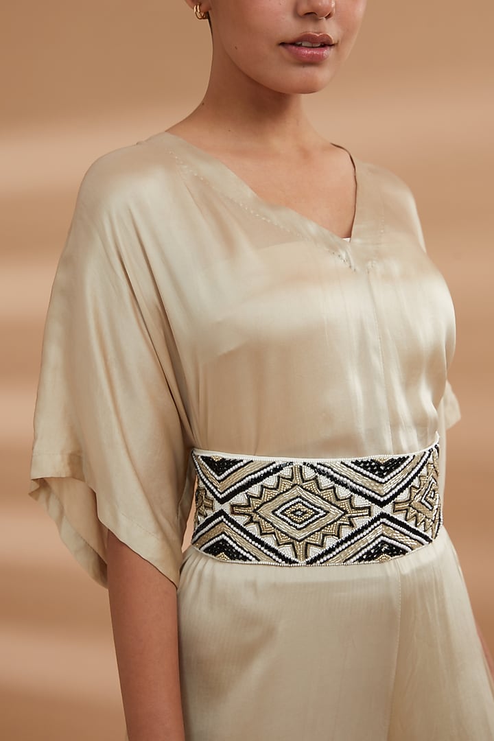 Beige Bemberg Satin Hand Embroidered Jumpsuit by NOW WITH PRACHI at Pernia's Pop Up Shop