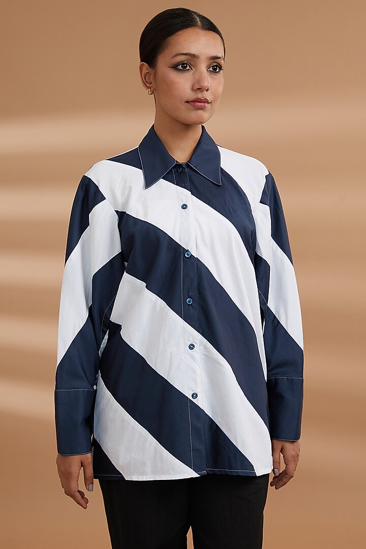 Blue Cotton Color-Blocked Shirt by NOW WITH PRACHI at Pernia's Pop Up Shop