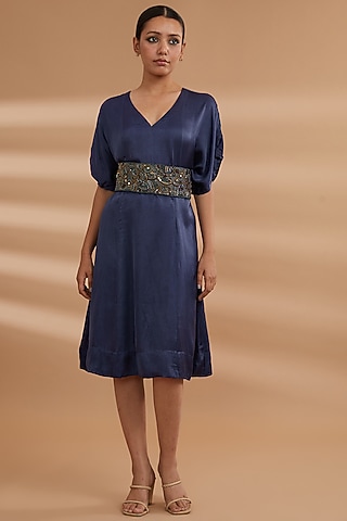 Blue Bemberg Satin Dress by NOW WITH PRACHI