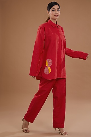 Red Linen Hand Painted Co-Ord Set by NOW WITH PRACHI