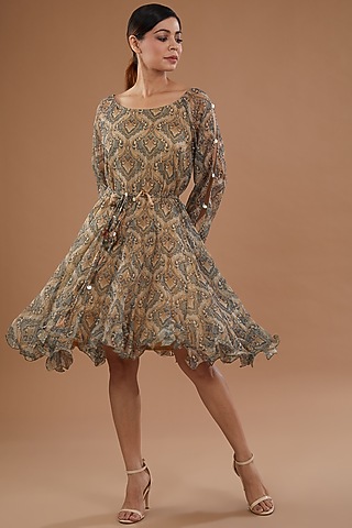 Green Foil Georgette Abstract Printed Dress by NOW WITH PRACHI