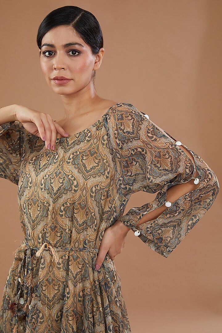Green Foil Georgette Abstract Printed Vacation Dress by NOW WITH PRACHI at Pernia's Pop Up Shop