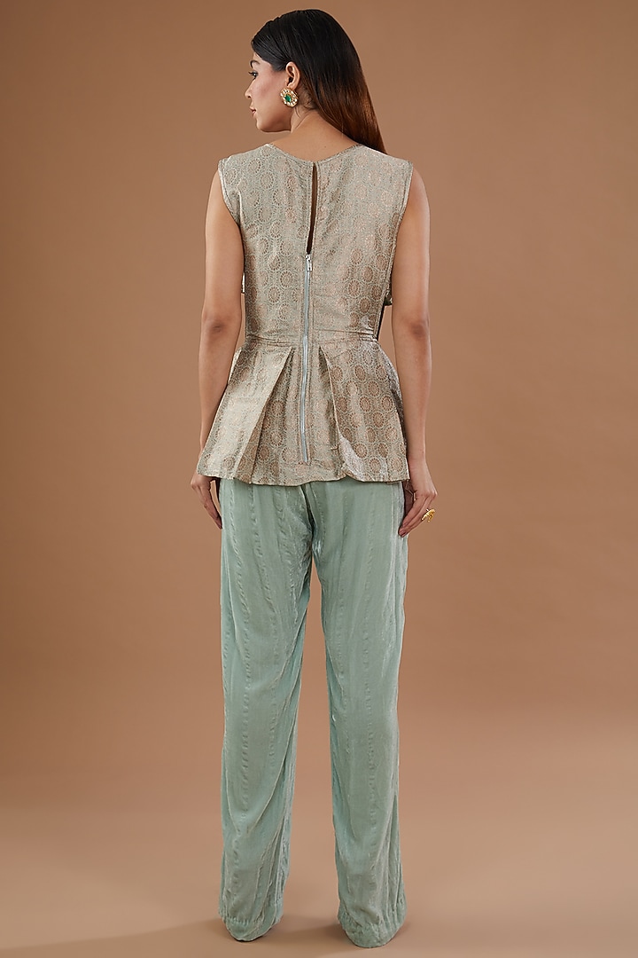 Blue Silk Velvet & Pure Silk Brocade Jumpsuit by NOW WITH PRACHI at Pernia's Pop Up Shop