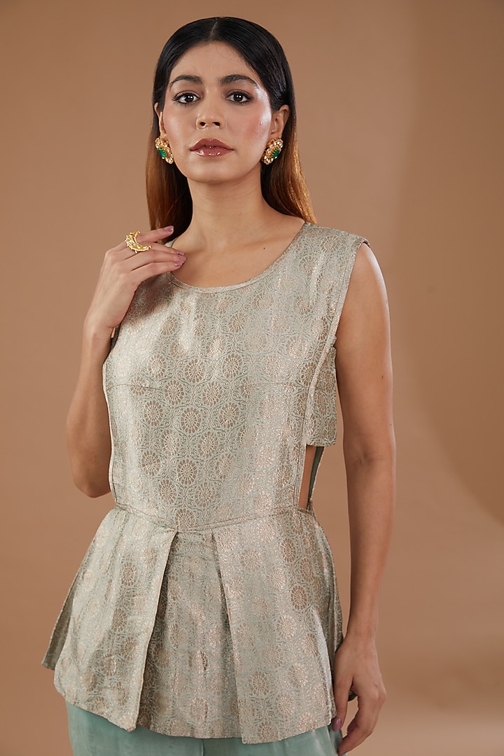 Blue Silk Velvet & Pure Silk Brocade Jumpsuit by NOW WITH PRACHI at Pernia's Pop Up Shop