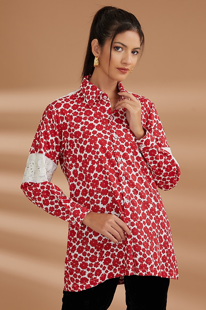 Red Cotton Printed Shirt by NOW WITH PRACHI at Pernia's Pop Up Shop