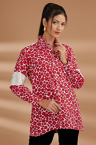 Red Cotton Printed Shirt by NOW WITH PRACHI